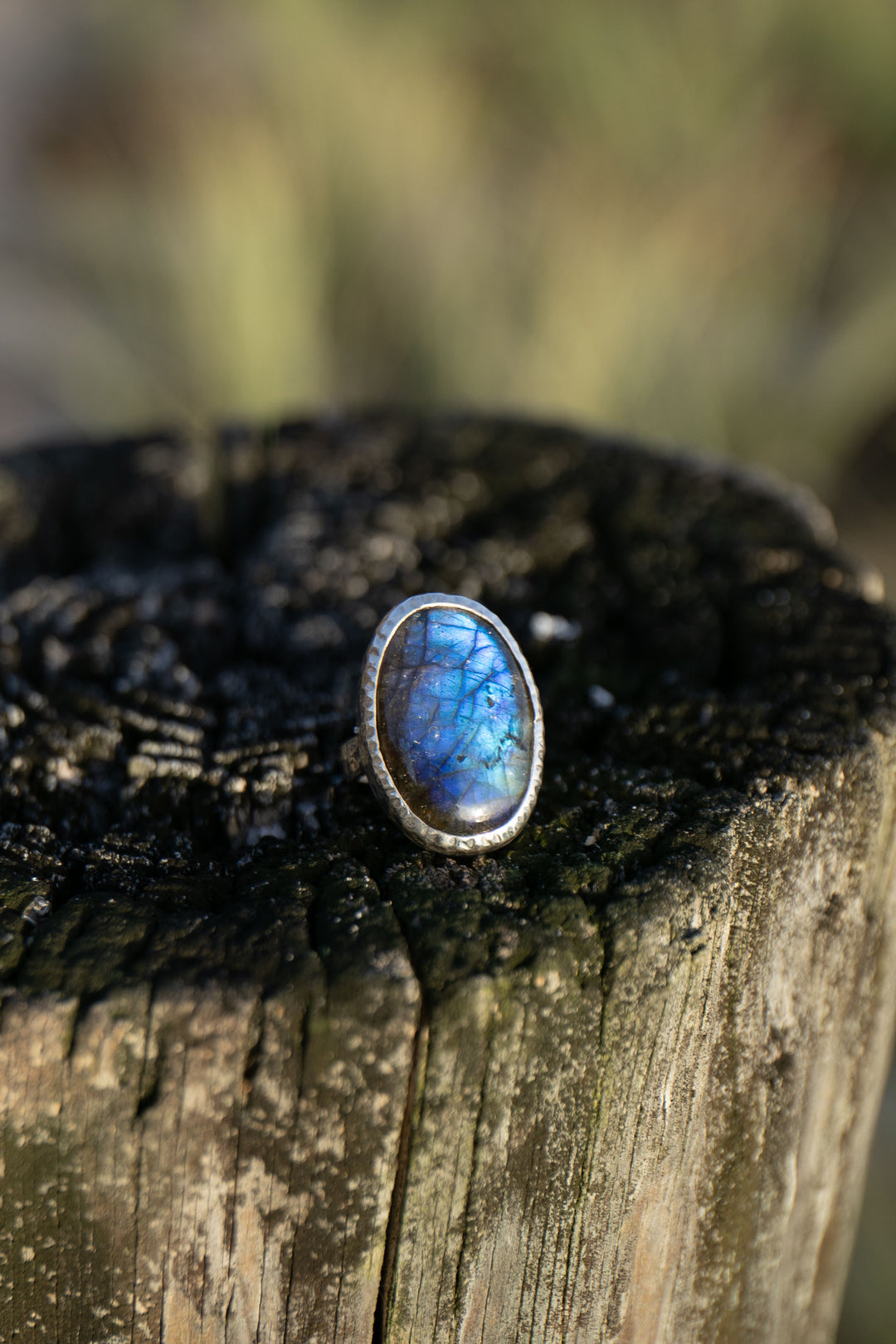 Oval Labradorite Ring set in Beaten Sterling Silver Band - Size 7 US