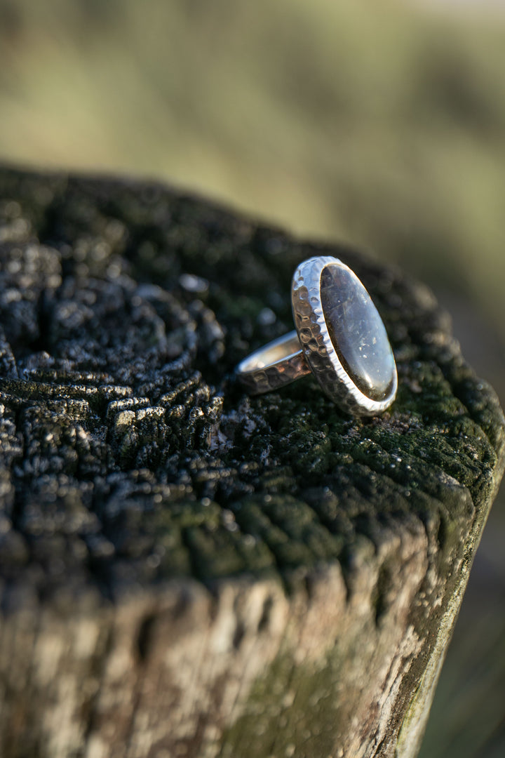 Oval Labradorite Ring set in Beaten Sterling Silver Band - Size 7 US