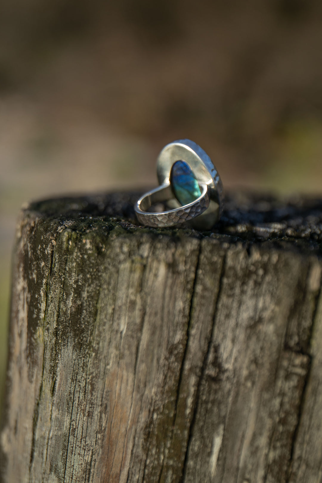 Oval Labradorite Ring set in Beaten Sterling Silver Band - Size 7 US
