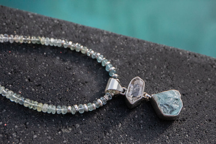 Raw Aquamarine and Herkimer Diamond Pendant with Aquamarine Beaded Necklace