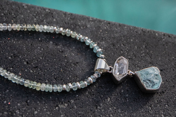 Raw Aquamarine and Herkimer Diamond Pendant with Aquamarine Beaded Necklace