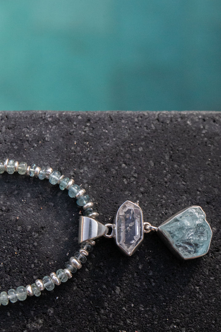 Raw Aquamarine and Herkimer Diamond Pendant with Aquamarine Beaded Necklace