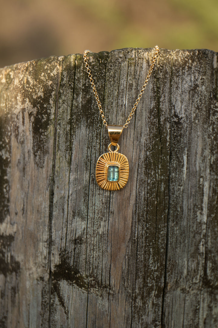 Gorgeous Raw Indicolite or Blue Tourmaline Pendant in Gold Plated Sterling Silver on Delicate Chain