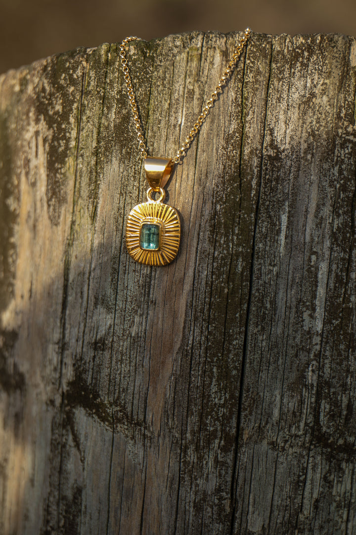 Gorgeous Raw Indicolite or Blue Tourmaline Pendant in Gold Plated Sterling Silver on Delicate Chain