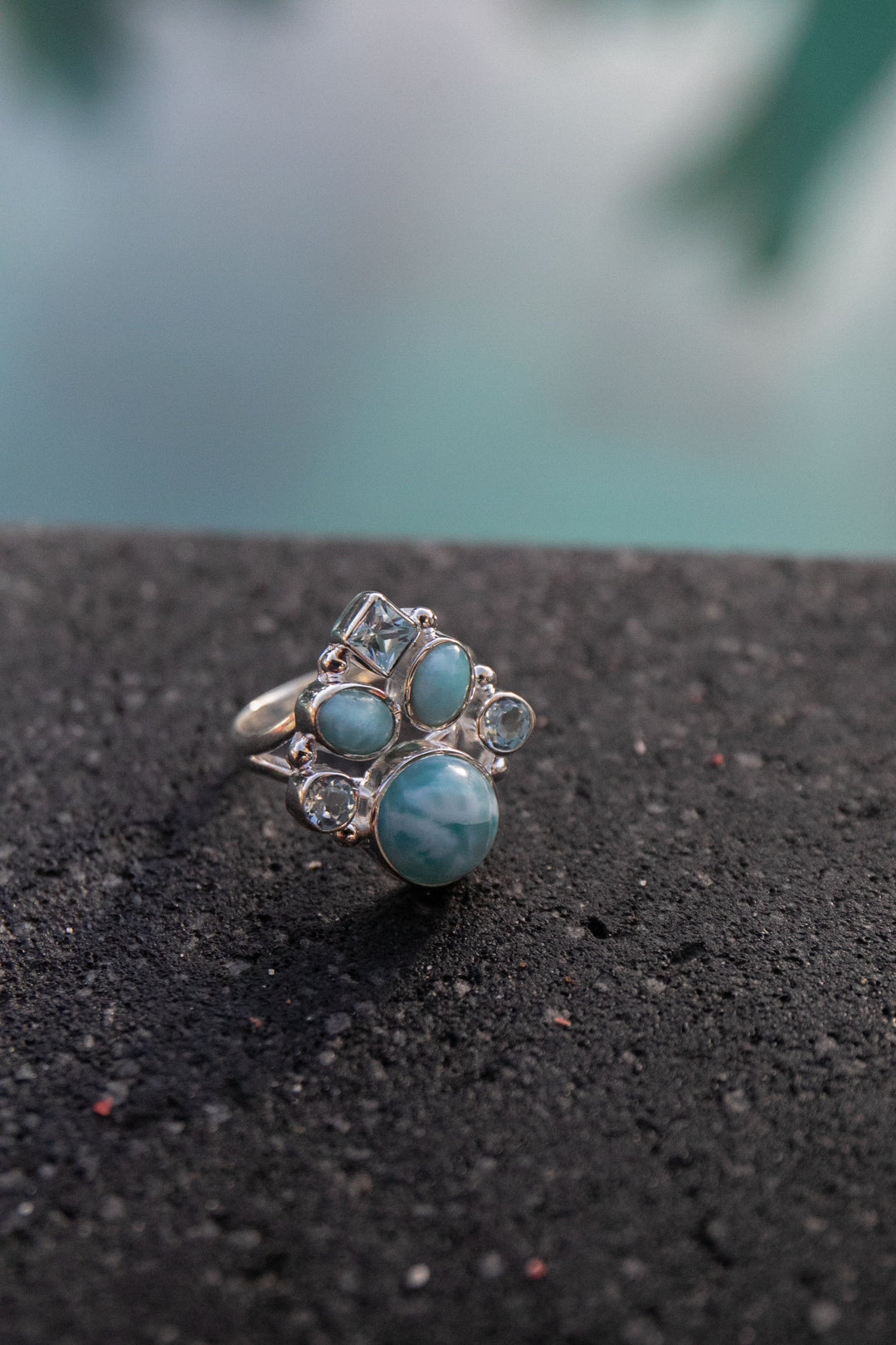 Larimar and Topaz  Ring in Sterling Silver - Size 8 US