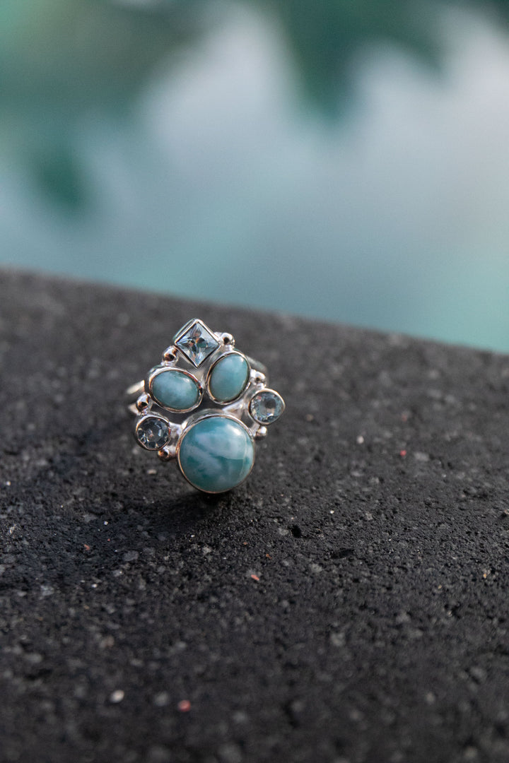 Larimar and Topaz  Ring in Sterling Silver - Size 8 US