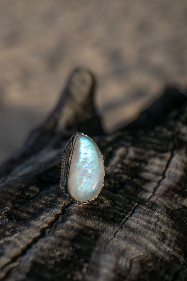 Statement Rainbow Moonstone Ring in Tribal Sterling Silver Setting - Size 9 US