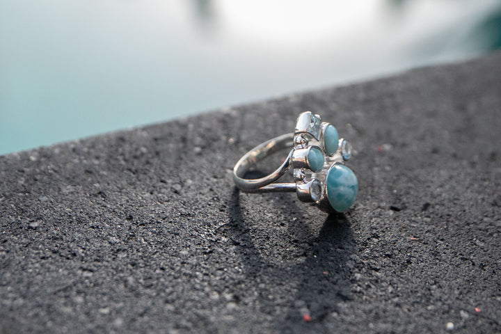 Larimar and Topaz  Ring in Sterling Silver - Size 8 US