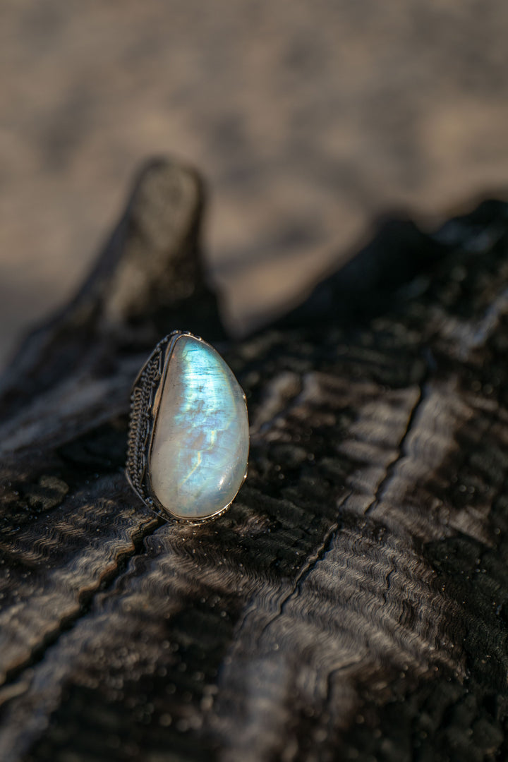 Statement Rainbow Moonstone Ring in Tribal Sterling Silver Setting - Size 9 US