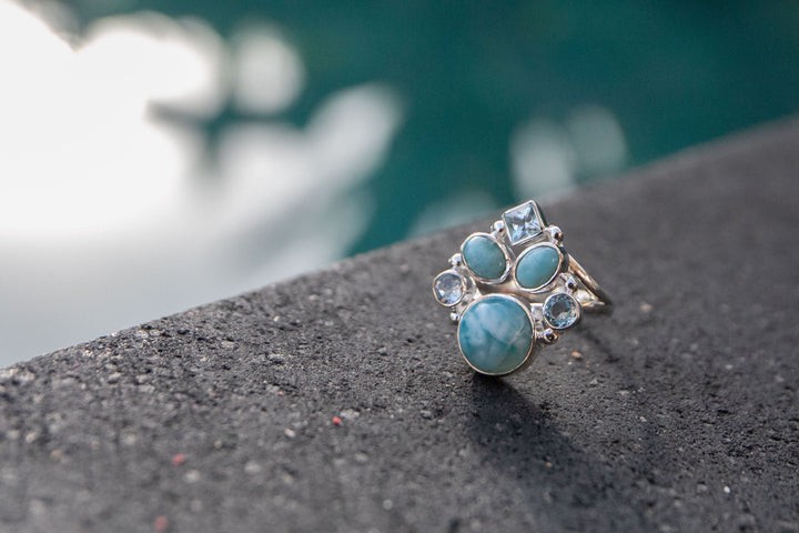 Larimar and Topaz  Ring in Sterling Silver - Size 8 US