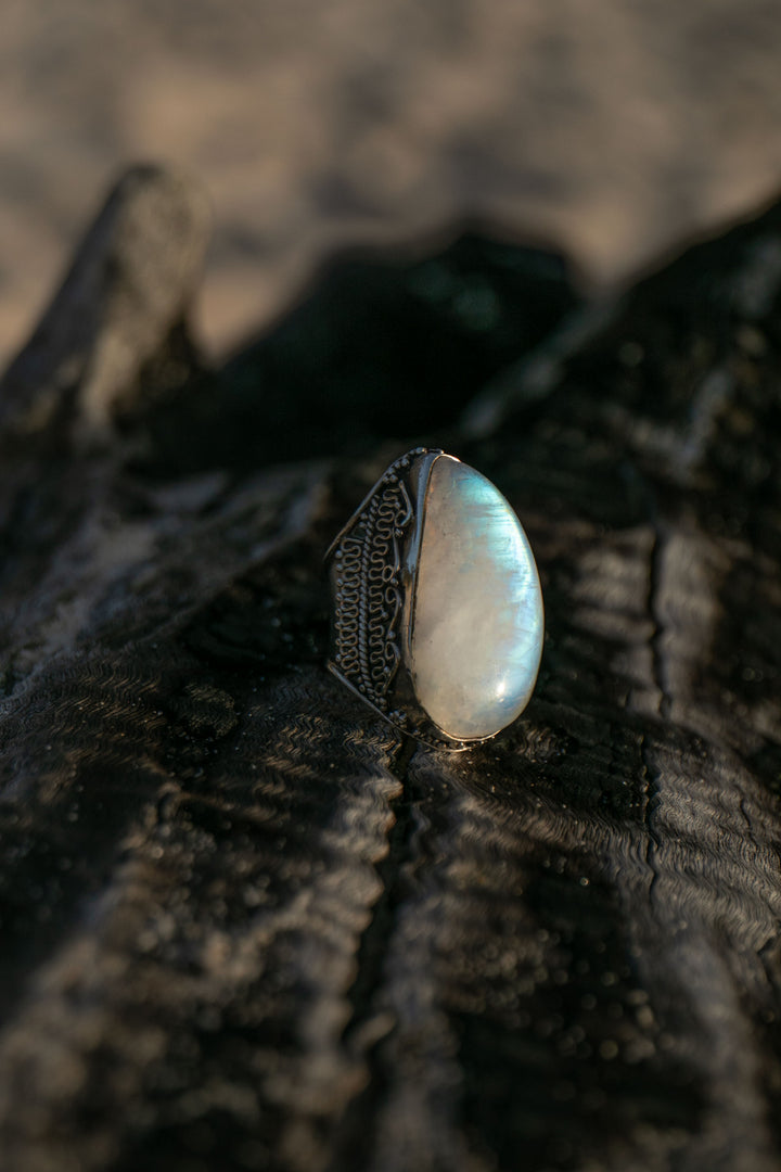 Statement Rainbow Moonstone Ring in Tribal Sterling Silver Setting - Size 9 US