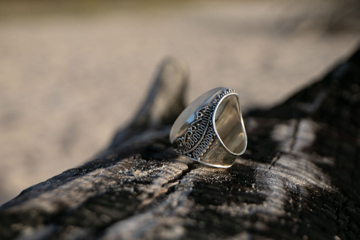 Statement Rainbow Moonstone Ring in Tribal Sterling Silver Setting - Size 9 US