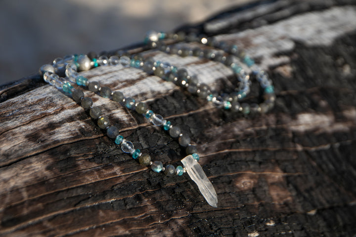 Handmade Labradorite, Crystal and Apatite Mala Necklace with Crystal Quartz Point Pendant (Copy)