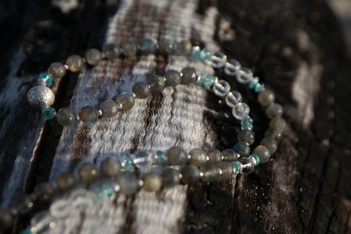 Handmade Labradorite, Crystal and Apatite Mala Necklace with Crystal Quartz Point Pendant (Copy)