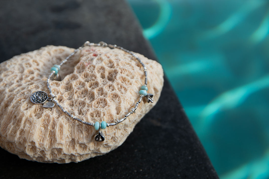 Beaded Larimar Anklet with Thai Hill Tribe Silver and Charms