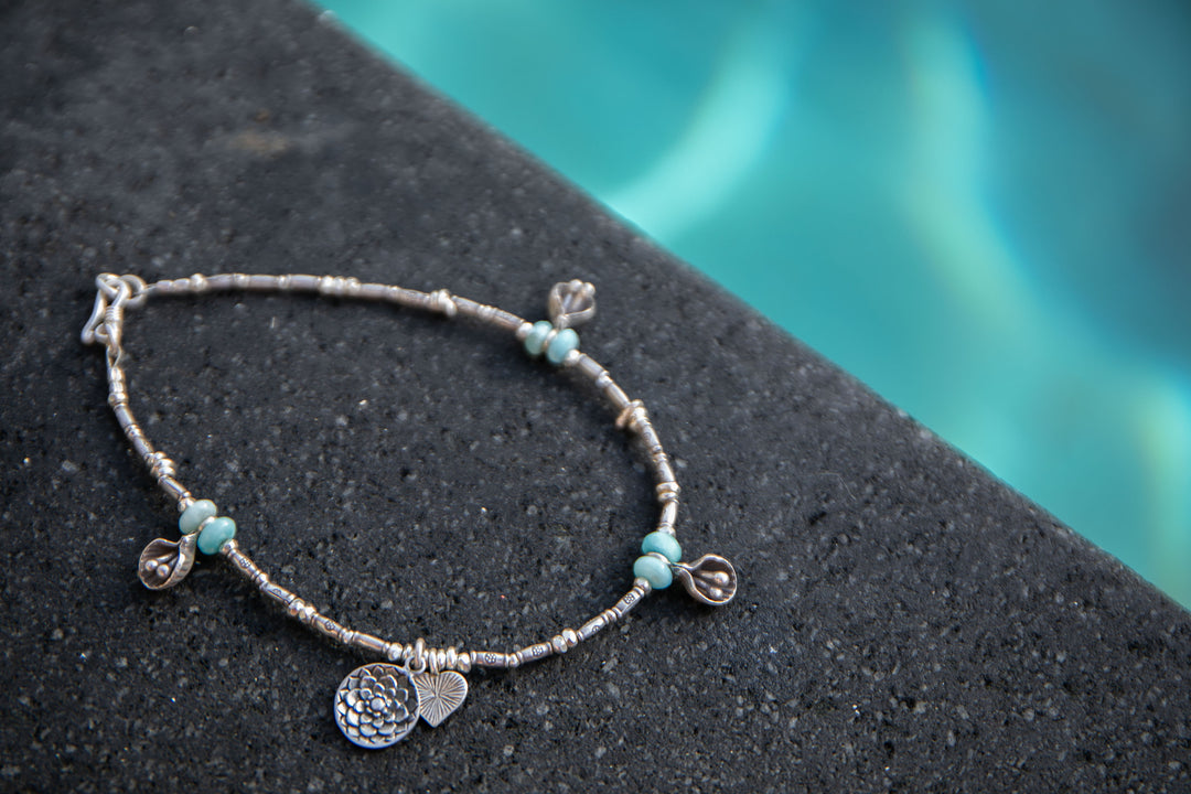 Beaded Larimar Anklet with Thai Hill Tribe Silver and Charms