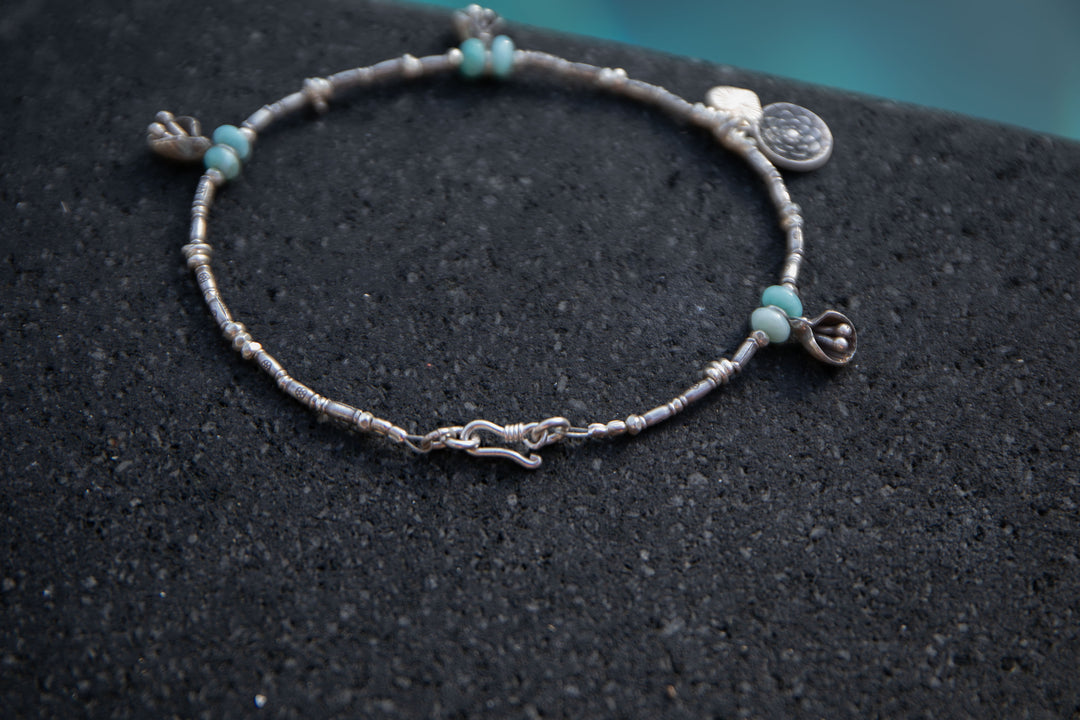 Beaded Larimar Anklet with Thai Hill Tribe Silver and Charms