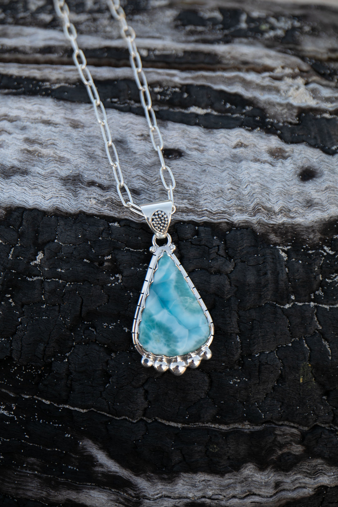 Tribal Design Larimar Pendant set in Sterling Silver