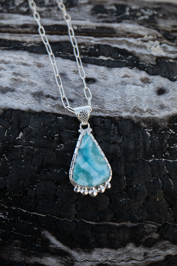 Tribal Design Larimar Pendant set in Sterling Silver