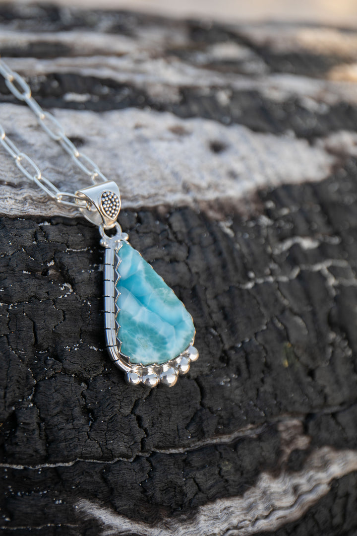 Tribal Design Larimar Pendant set in Sterling Silver