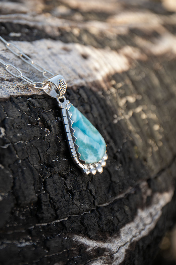 Tribal Design Larimar Pendant set in Sterling Silver