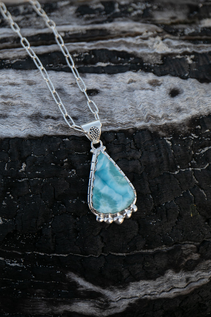Tribal Design Larimar Pendant set in Sterling Silver