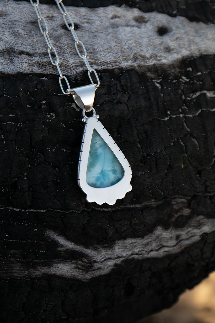 Tribal Design Larimar Pendant set in Sterling Silver