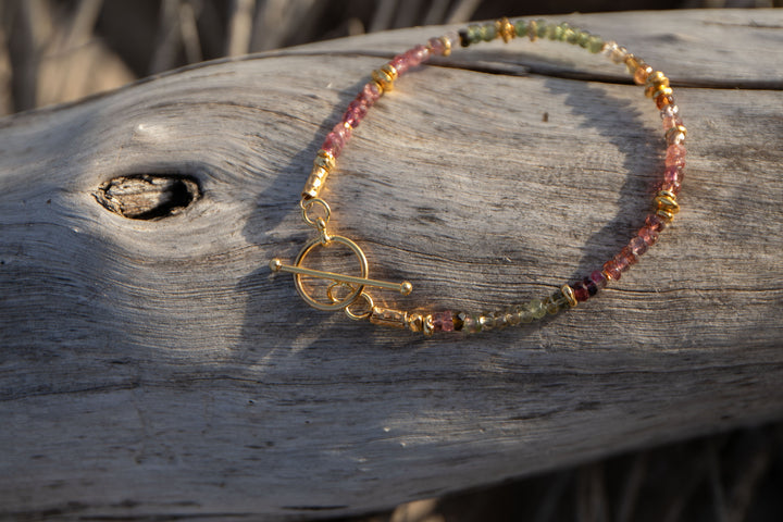 High Quality Graduated Watermelon Tourmaline + Gold Vermeil Beaded Bracelet