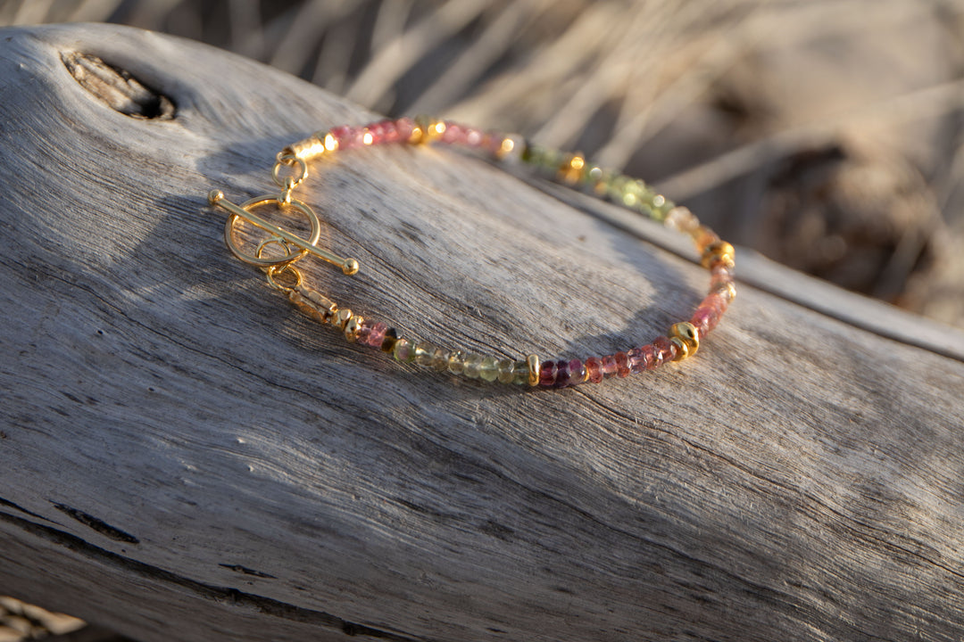 High Quality Graduated Watermelon Tourmaline + Gold Vermeil Beaded Bracelet
