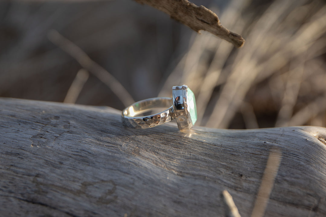 Blue Peruvian Opal Ring in Beaten Sterling Silver - Size 7.5 US