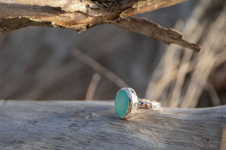 Blue Peruvian Opal Ring in Beaten Sterling Silver - Size 7.5 US