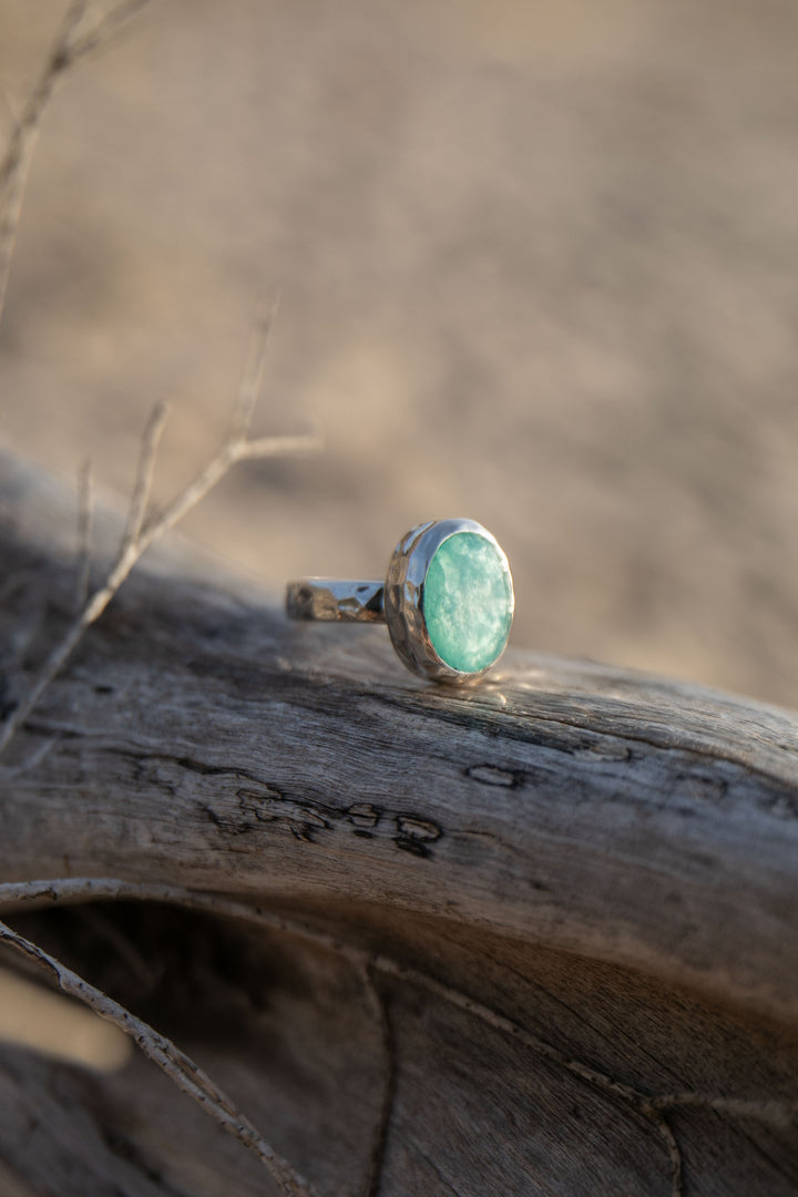 Blue Peruvian Opal Ring in Beaten Sterling Silver - Size 7.5 US