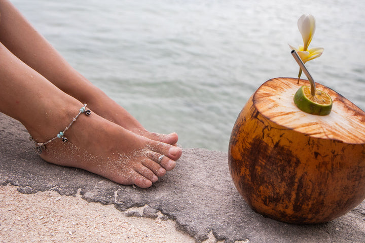 Beaded Larimar Anklet with Thai Hill Tribe Silver and Charms