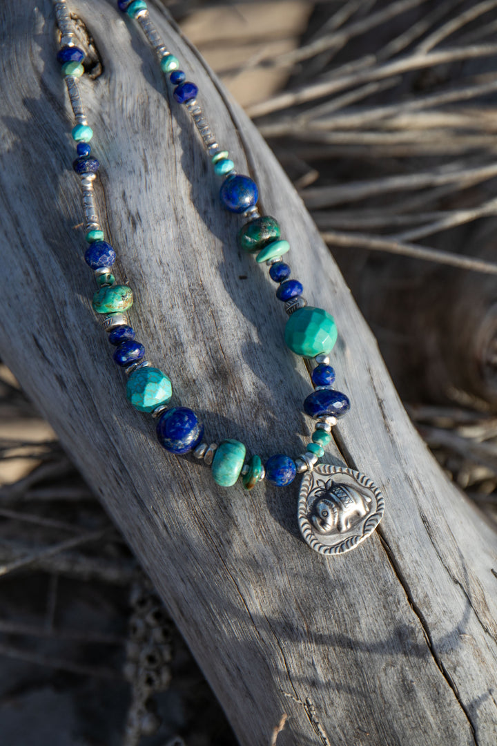 Genuine Lapis and Turquoise Necklace with Hill Tribe Silver and Elephant Pendant
