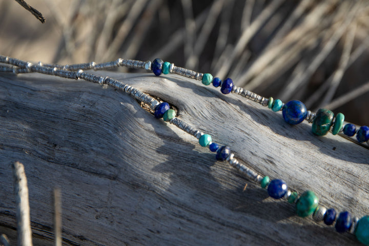 Genuine Lapis and Turquoise Necklace with Hill Tribe Silver and Elephant Pendant