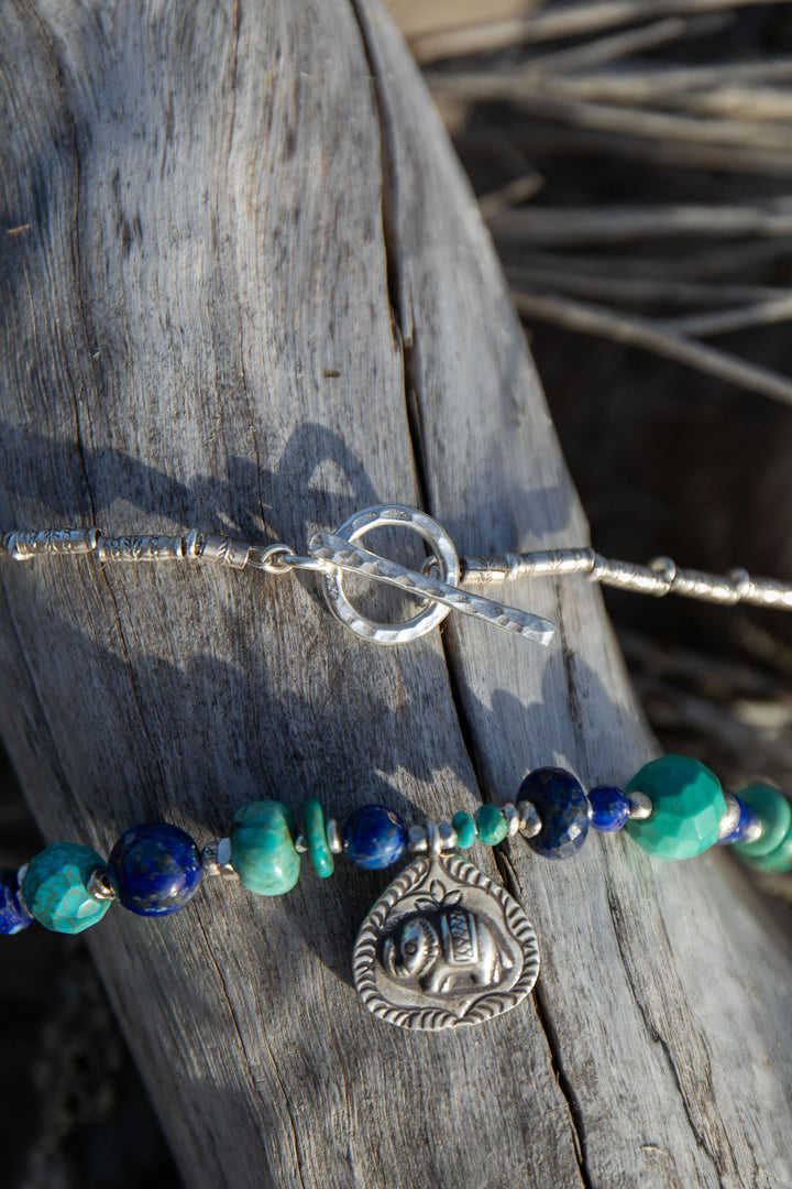 Genuine Lapis and Turquoise Necklace with Hill Tribe Silver and Elephant Pendant