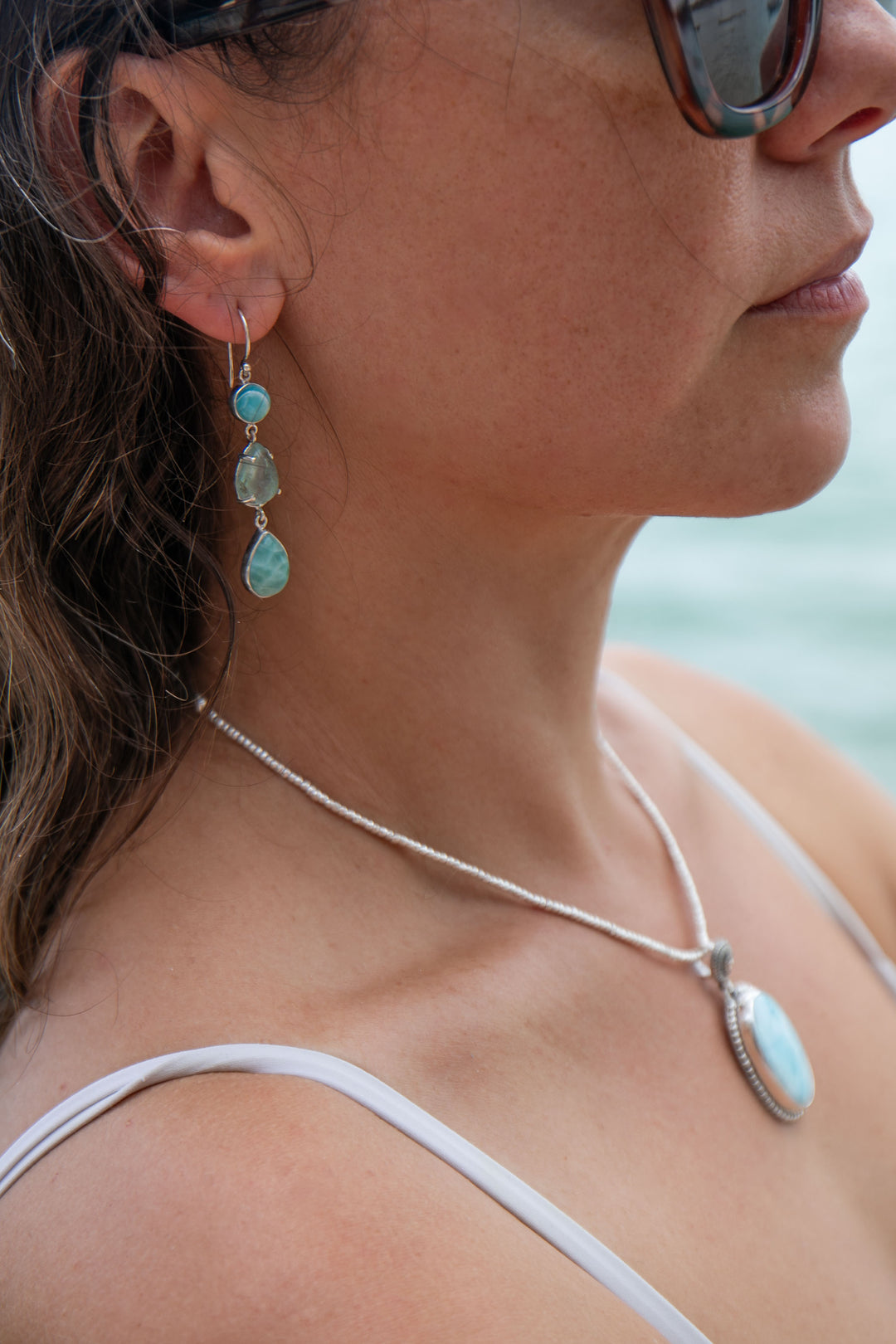 Larimar and Aquamarine Triple Drop Earrings set in 92.5% Sterling Silver