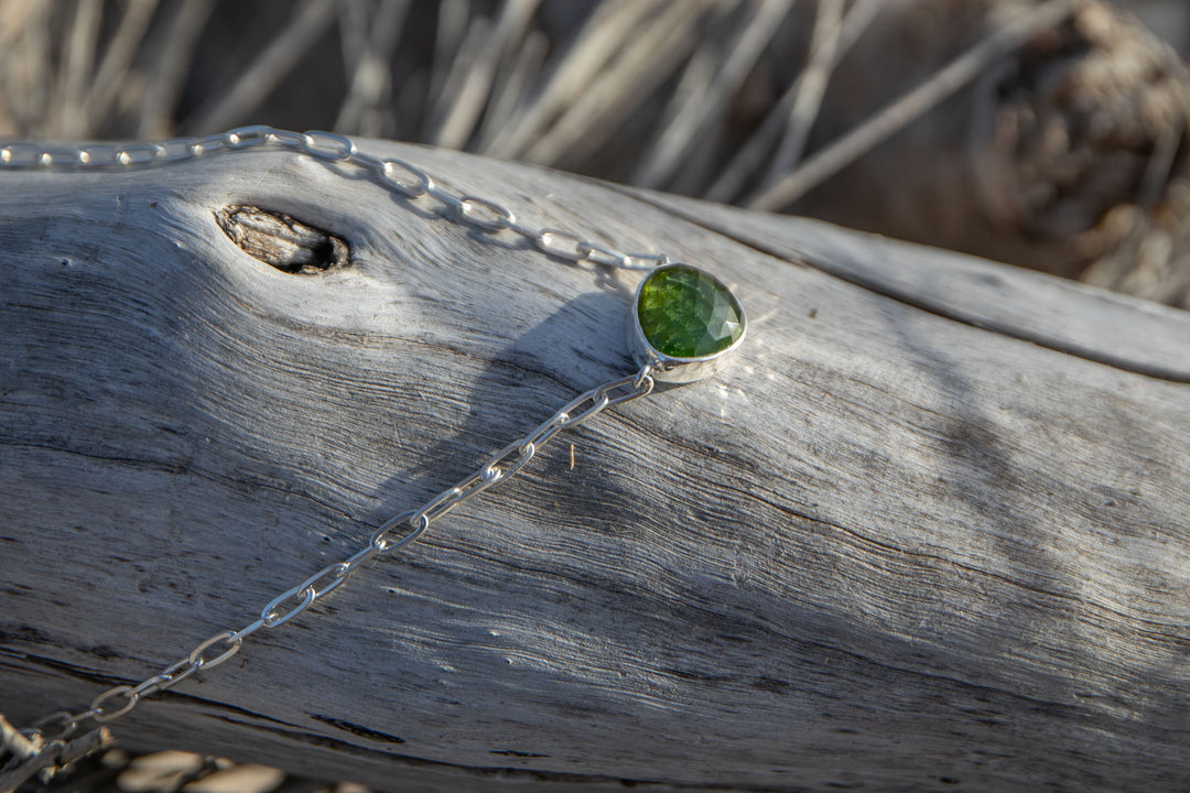 Faceted Green Tourmaline Pendant on Sterling Silver Link Chain