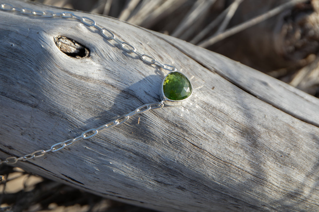 Faceted Green Tourmaline Pendant on Sterling Silver Link Chain