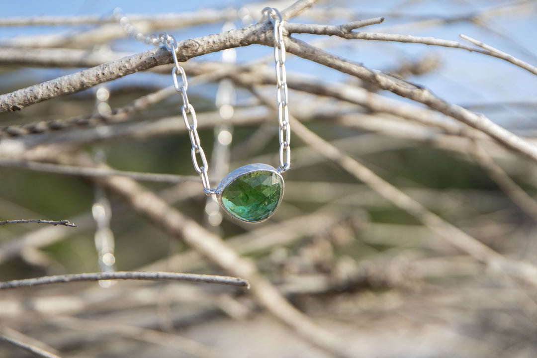 Faceted Green Tourmaline Pendant on Sterling Silver Link Chain