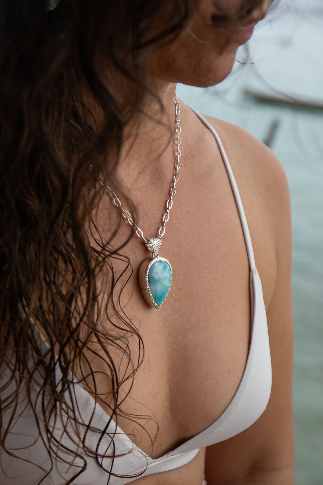 Larimar Pendant in Unique Bezel Silver Setting
