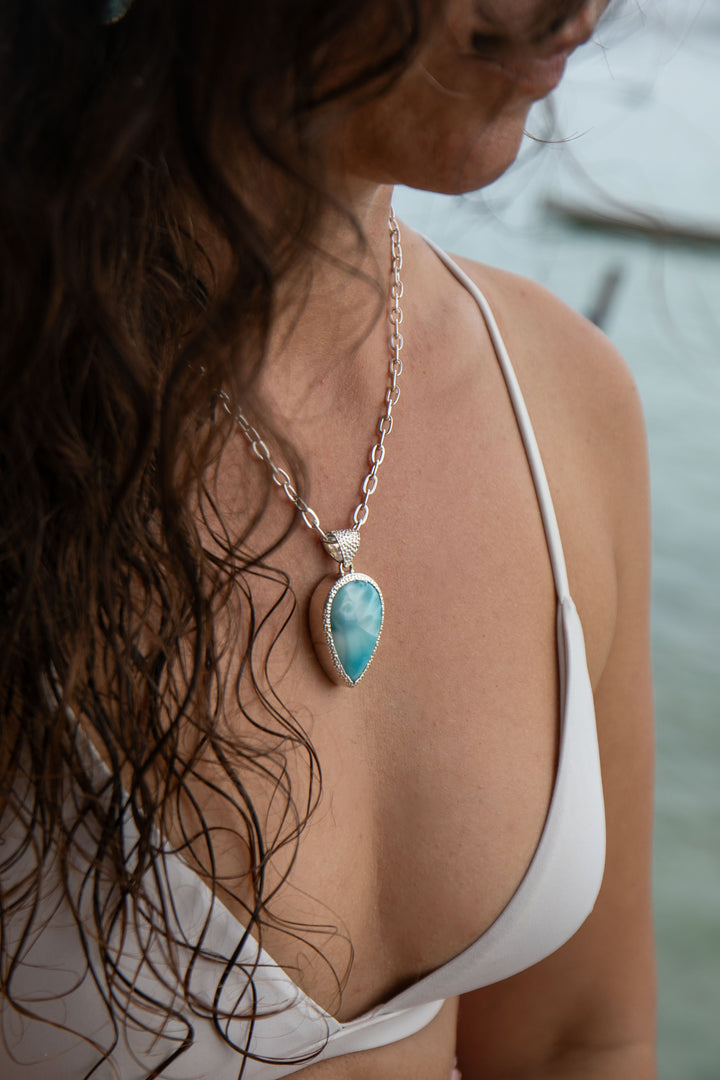 Larimar Pendant in Unique Bezel Silver Setting