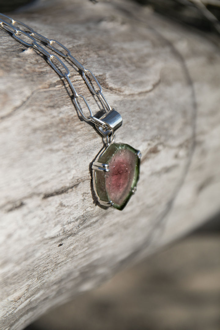 Reserved for Cassie **Stunning Raw Watermelon Tourmaline Pendant in Sterling Silver