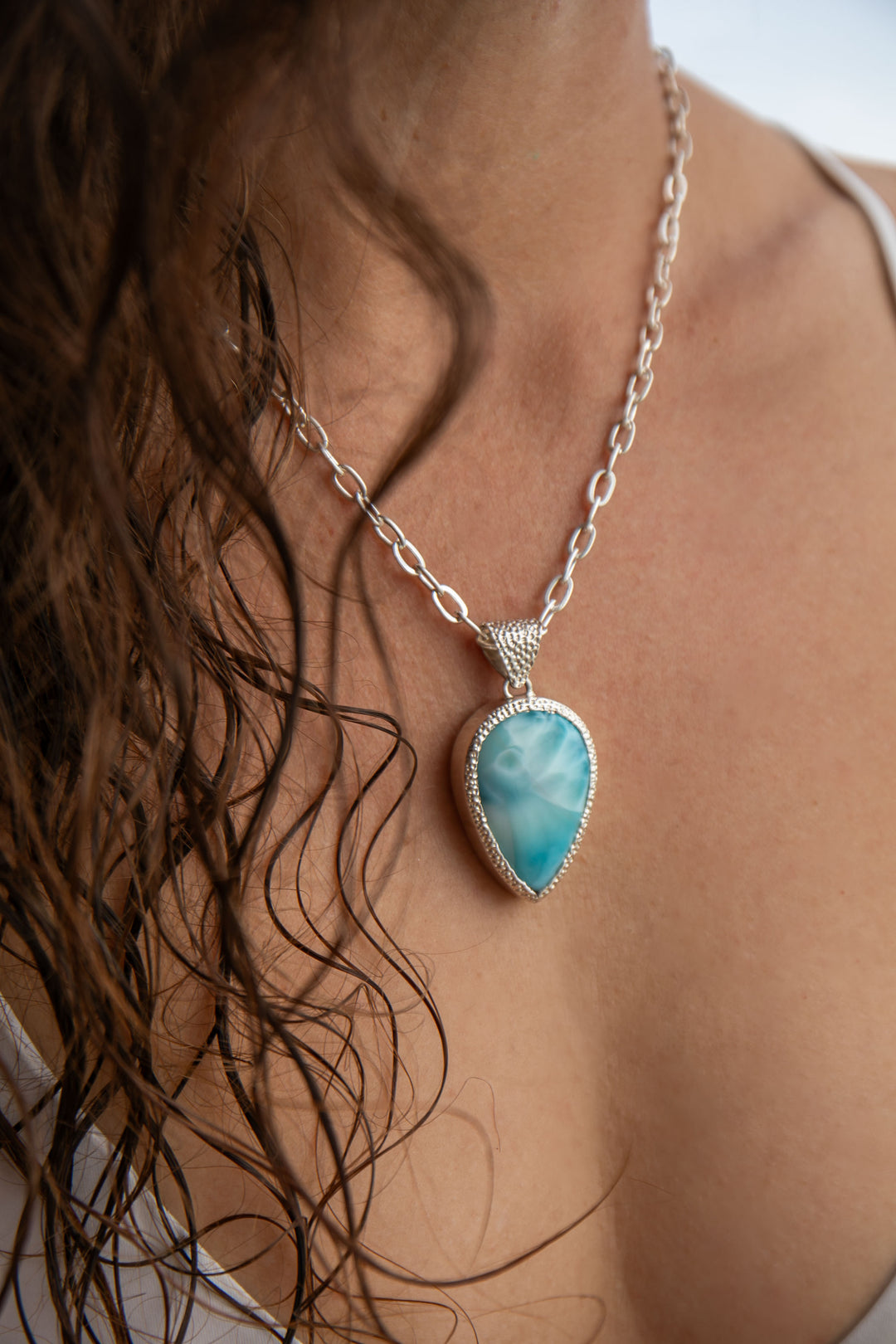 Larimar Pendant in Unique Bezel Silver Setting