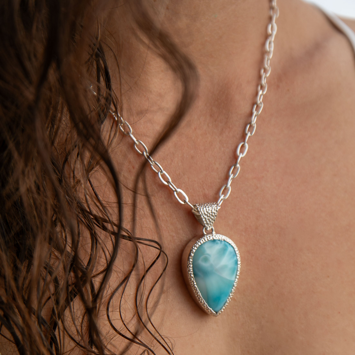 Larimar Pendant in Unique Bezel Silver Setting
