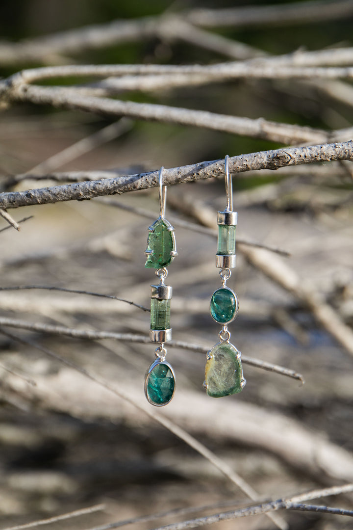One of a Kind High Quality Green Tourmaline Earrings in Unique Sterling Silver Setting