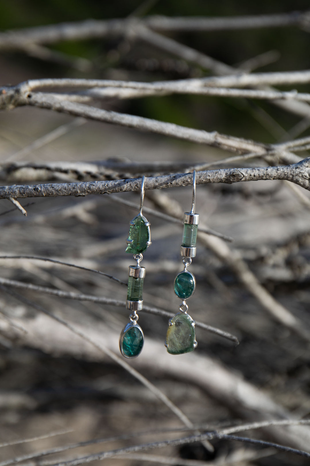 One of a Kind High Quality Green Tourmaline Earrings in Unique Sterling Silver Setting