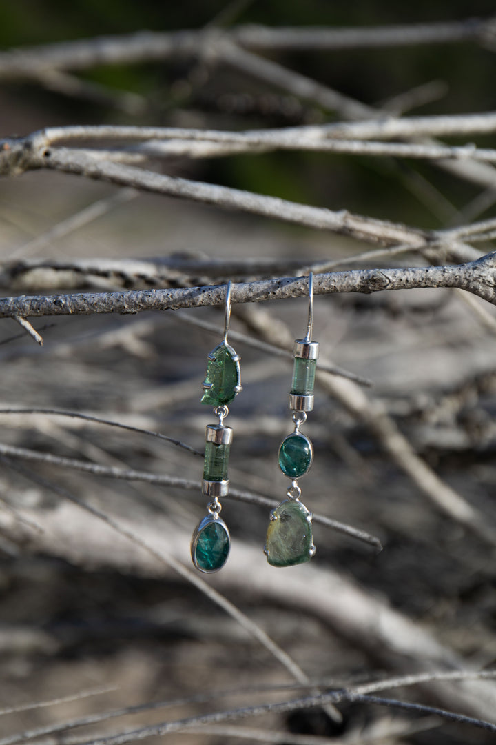 One of a Kind High Quality Green Tourmaline Earrings in Unique Sterling Silver Setting