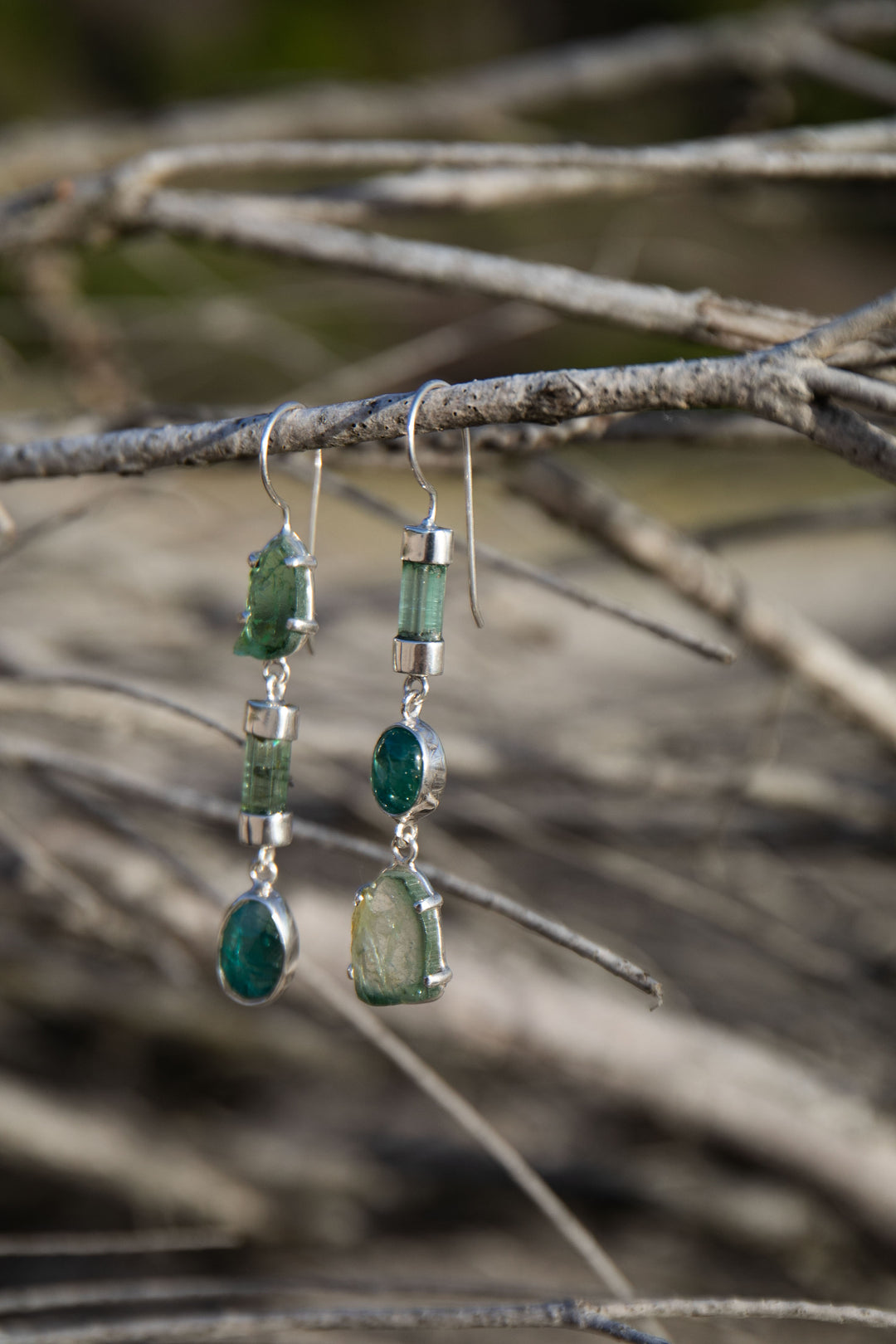 One of a Kind High Quality Green Tourmaline Earrings in Unique Sterling Silver Setting