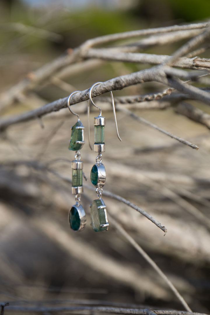 One of a Kind High Quality Green Tourmaline Earrings in Unique Sterling Silver Setting